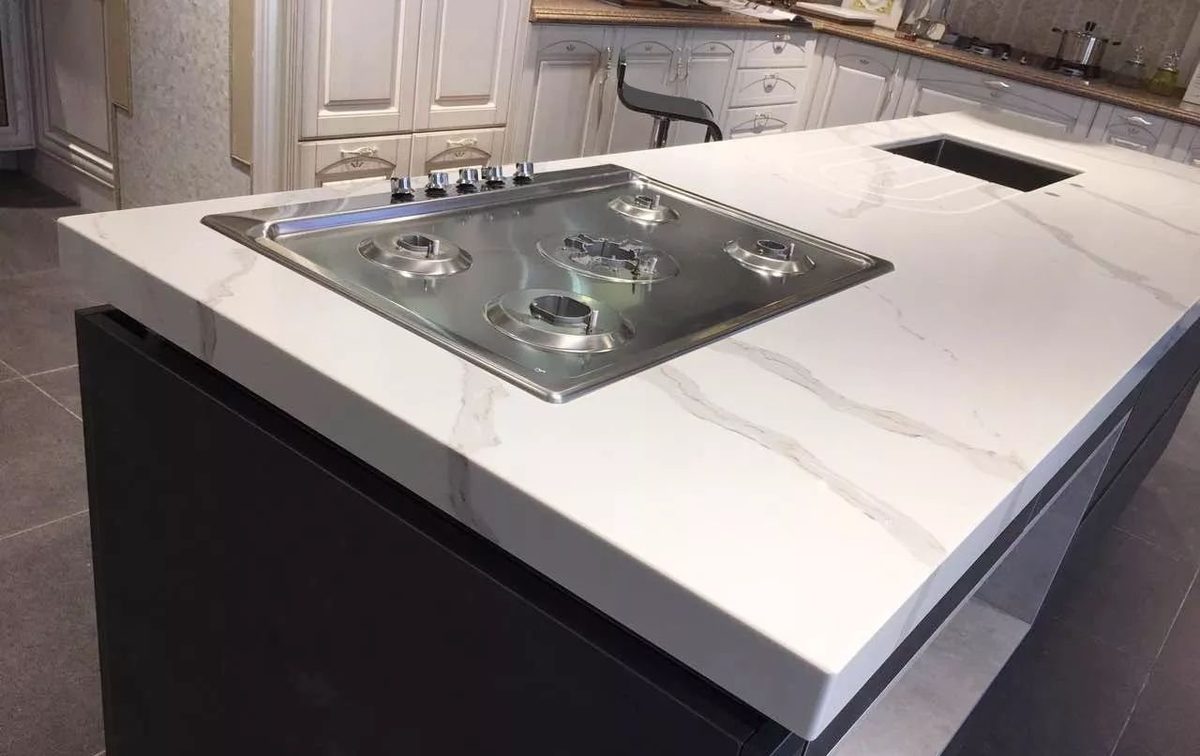Calacatta White engineered quartz surface in an interior